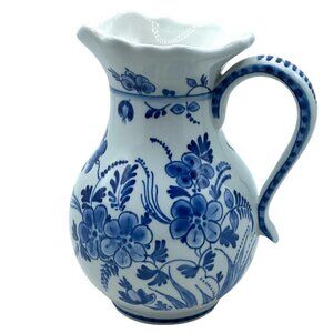 Royal Delft Blue White Hand Painted Floral Glazed Earthenware Jug Artist Signed